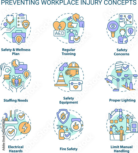 Preventing workplace injury concept icons set. Occupational health and safety idea thin line color illustrations. Isolated symbols. Editable stroke. Roboto-Medium, Myriad Pro-Bold fonts used