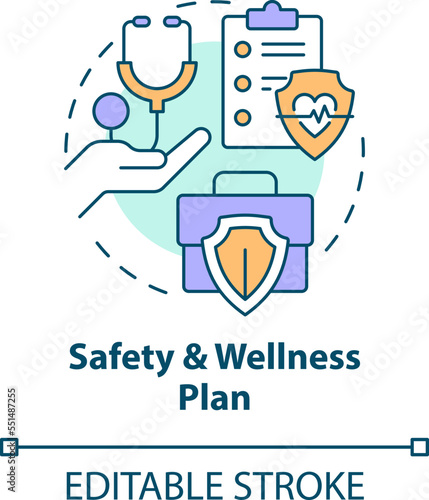 Safety and wellness plan concept icon. Preventing workplace injuries tip abstract idea thin line illustration. Isolated outline drawing. Editable stroke. Arial, Myriad Pro-Bold fonts used