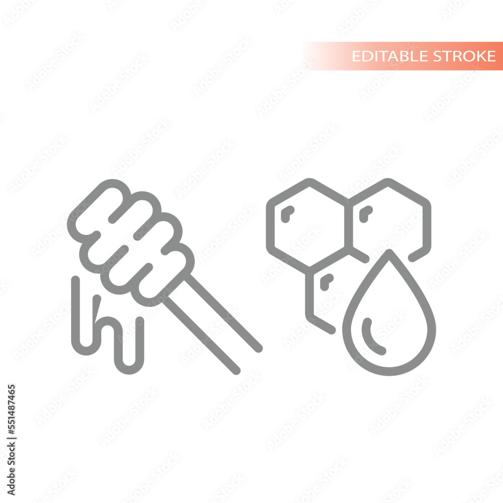 Honey dipper spoon and honeycomb icon set. Outlined vector icons. Honey dipper spoon and honeycomb icon set. Outlined vector icons.