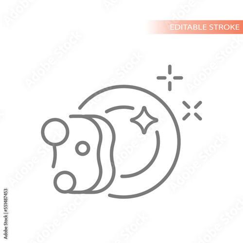 Cleaning dishes sponge line vector icon. Clean plate and soap bubbles outlined symbol.