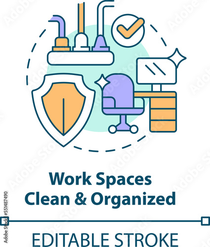 Clean and organized work spaces concept icon. Avoiding occupational accidents tip abstract idea thin line illustration. Isolated outline drawing. Editable stroke. Arial, Myriad Pro-Bold fonts used