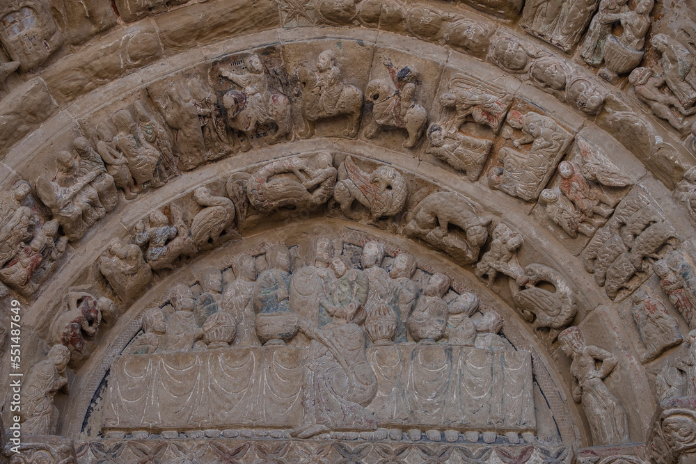 last supper scene on North Romanesque portal, Church of El Salvador, Romanesque from the 13th century, Ejea de los Caballeros, Cinco Villas, Aragon, Spain