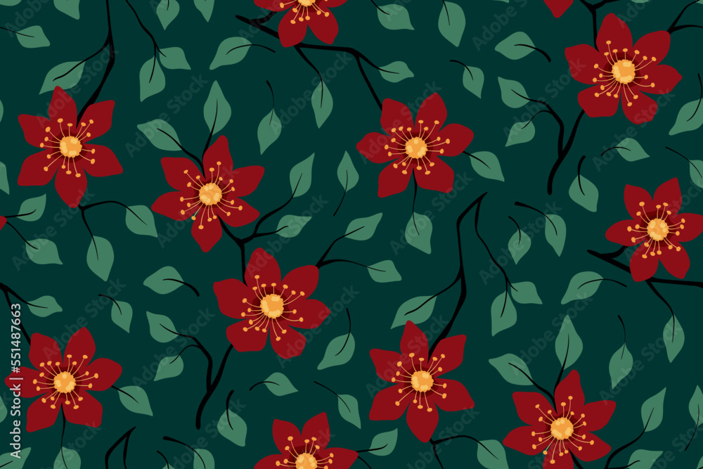 Seamless floral pattern with small branches, red flowers, leaves in an abstract arrangement on a green background. Simple ditsy print, cute flower design with hand drawn twigs. Vector illustration. Seamless floral pattern with small branches, red flowers, leaves in an abstract arrangement on a green background. Simple ditsy print, cute flower design with hand drawn twigs. Vector illustration.