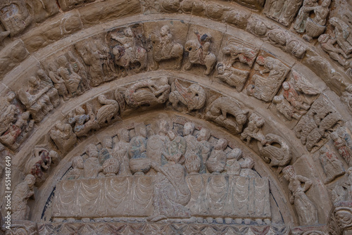 last supper scene on North Romanesque portal, Church of El Salvador, Romanesque from the 13th century, Ejea de los Caballeros, Cinco Villas, Aragon, Spain