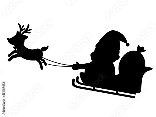 クリスマスプレゼントを届けにいくサンタクロースとトナカイのシルエット