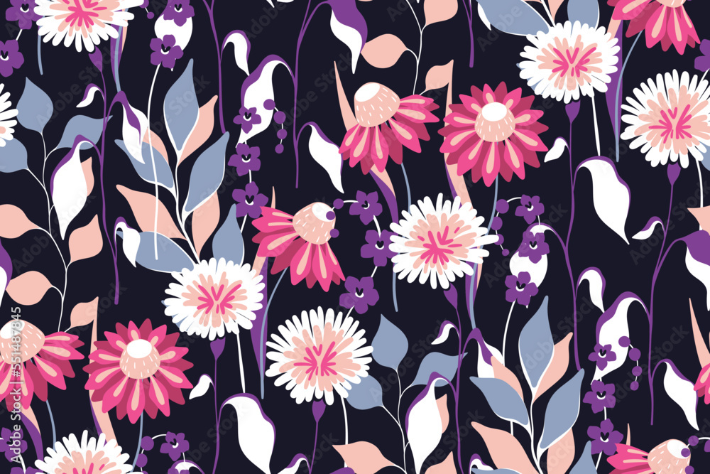 Seamless floral pattern with artistic garden. Interesting botanical print, flower design with hand drawn wild plants: domed flowers in lilac colors, leaves on a dark background. Vector illustration.