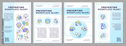 Avoiding employee injury brochure template. Worker health. Leaflet design with linear icons. Editable 4 vector layouts for presentation, annual reports. Arial, Myriad Pro-Regular fonts used