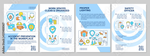 Reducing accidents at work blue brochure template. Staff security. Leaflet design with linear icons. Editable 4 vector layouts for presentation, annual reports. Arial, Myriad Pro-Regular fonts used