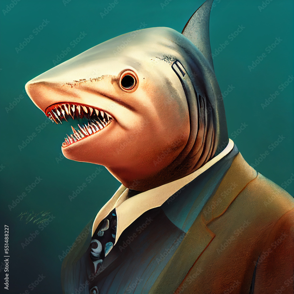 Fototapeta premium Businessman with head of shark. Very dangerous toothy fish. Concept on topic of aggressive business.