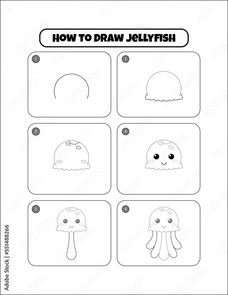 How to Draw Jellyfish Step by step drawing page for kids Stock Vector