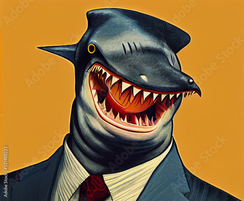 Businessman with head of shark. Very dangerous toothy fish. Concept on topic of aggressive business.
