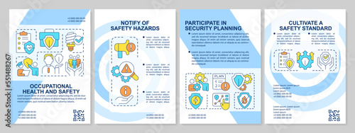 Workplace health and safety blue brochure template. Work conditions. Leaflet design with linear icons. Editable 4 vector layouts for presentation, annual reports. Arial, Myriad Pro-Regular fonts used