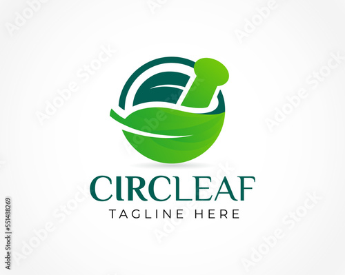 Circle Leaf, Mortar and pestle logo with soft gradient. Nature logo