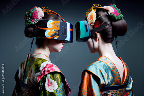 Imaginary side view image of 2 futuristic cyber Japanese Geishas facing each other on vr goggle.