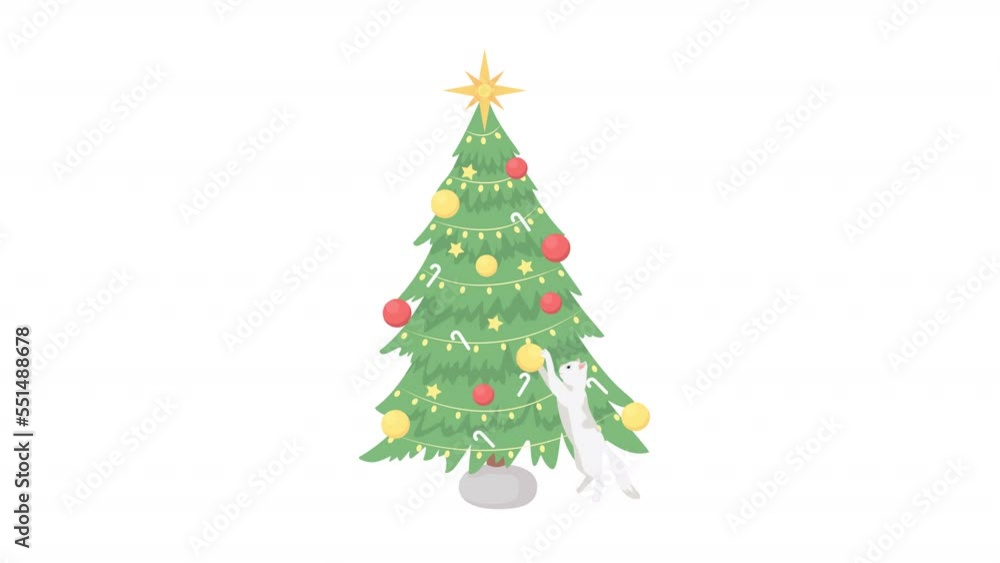 Animated christmas tree element. Cute white cat. Flat cartoon style HD video footage. Holiday decoarations color illustration on white background with alpha channel transparency for animation Animated christmas tree element. Cute white cat. Flat cartoon style HD video footage. Holiday decoarations color illustration on white background with alpha channel transparency for animation
