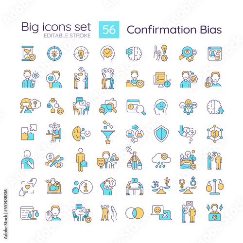 Confirmation bias RGB color big icons set. Forming opinion. Decision making. Isolated vector illustrations. Simple filled line drawings collection. Editable stroke. Montserrat Bold, Light fonts used © bsd studio