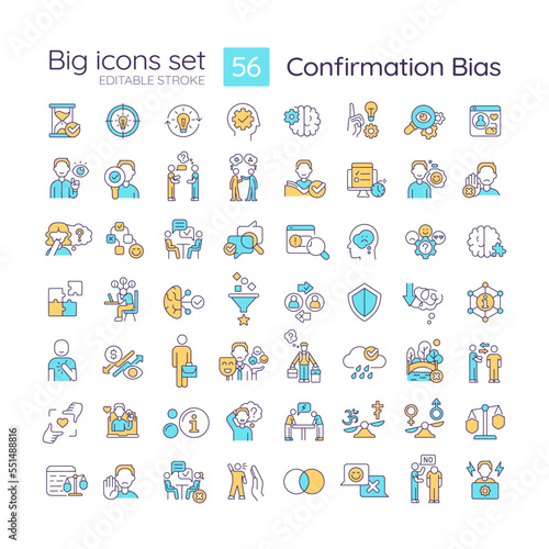 Confirmation bias RGB color big icons set. Forming opinion. Decision making. Isolated vector illustrations. Simple filled line drawings collection. Editable stroke. Montserrat Bold, Light fonts used