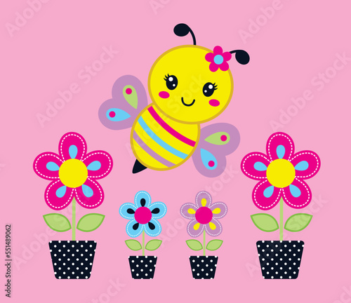 vector cartoon cute bee with beautiful flower