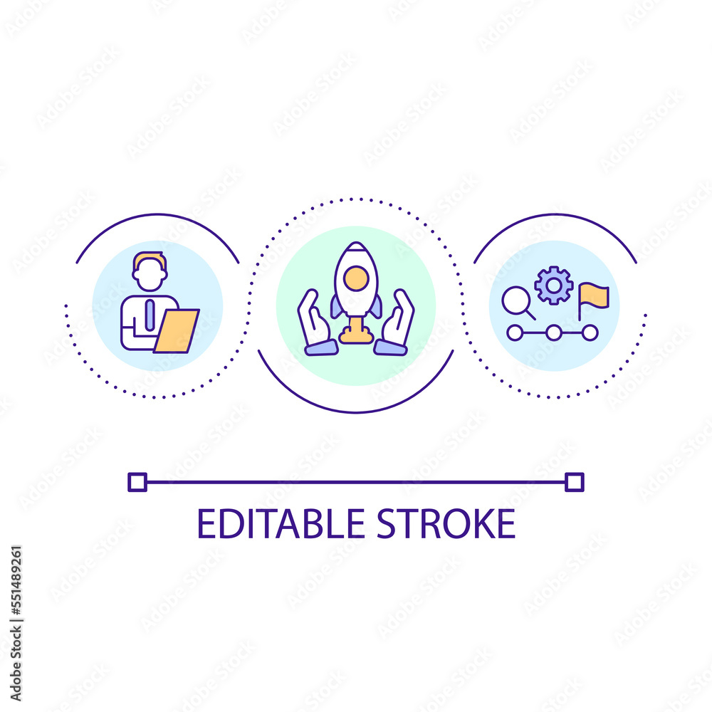 Business consulting loop concept icon. Develop strategy. Achieve goals. Professional assistance abstract idea thin line illustration. Isolated outline drawing. Editable stroke. Arial font used