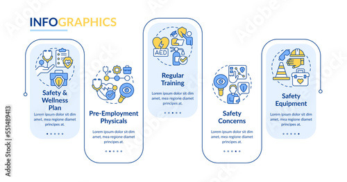 Injury avoiding in workplace tips rectangle infographic template. Data visualization with 5 steps. Editable timeline info chart. Workflow layout with line icons. Lato-Bold, Regular fonts used
