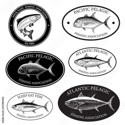 Set of Fishing related labels featuring hand drawn fish in a vintage woodcut, etched style.