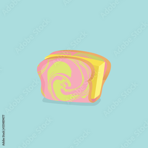 Vector illustration of a traditional asian childhood snack, Ice-cream sandwich. Ice-cream block wrapped with a piece of rainbow bread. 