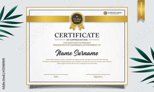 Certificate of appreciation template, gold and blue color. Clean modern certificate with gold badge. Certificate border template with luxury and modern line pattern. Diploma vector template