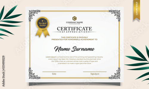 Certificate of appreciation template, gold and blue color. Clean modern certificate with gold badge. Certificate border template with luxury and modern line pattern. Diploma vector template