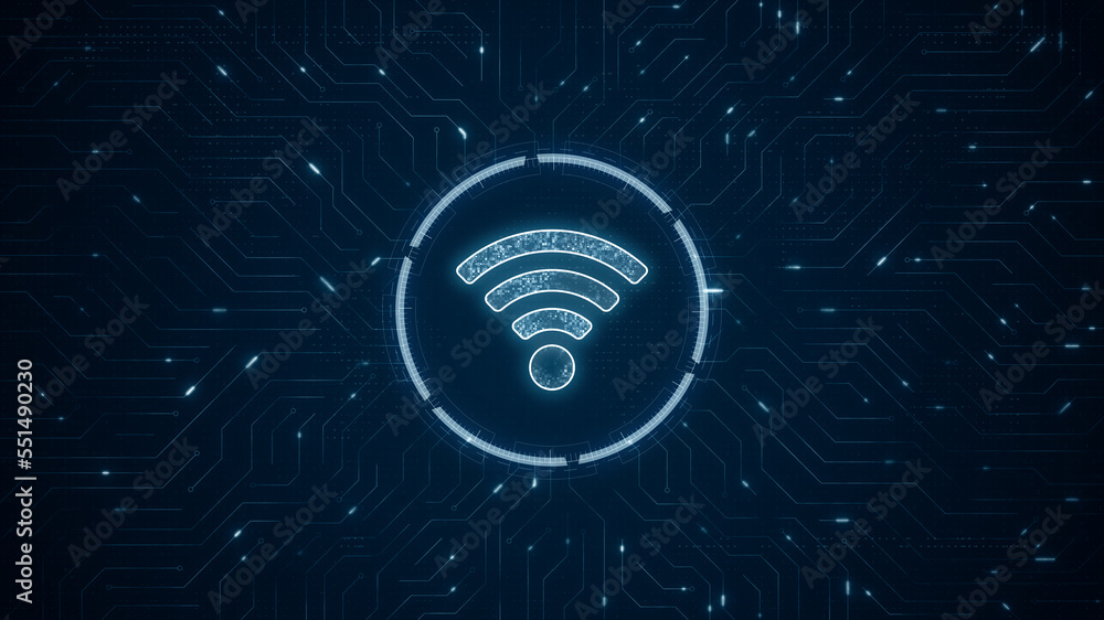 Blue digital WIFI logo and futuristic technology circle HUD with circuit board and data transfer on abstract background Blue digital WIFI logo and futuristic technology circle HUD with circuit board and data transfer on abstract background