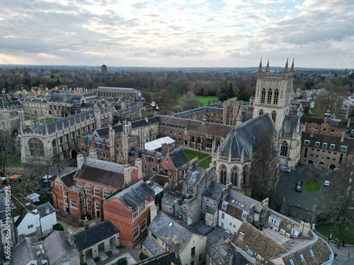 St John's College Chapel Cambridge City centre UK drone aerial . photo