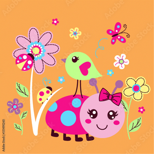 Sweet ladybug with beautiful flower vector