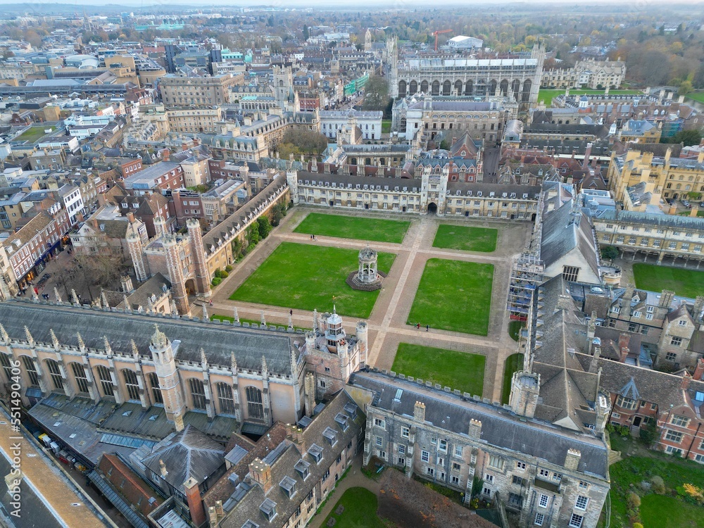 Trinity College  Cambridge England drone aerial view.