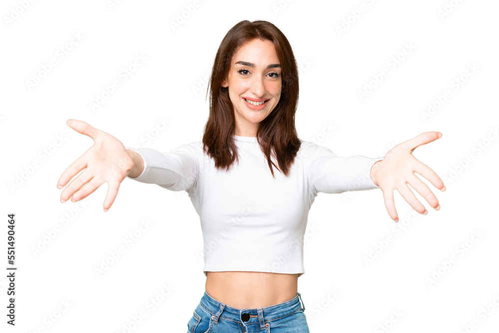 Young caucasian woman over isolated chroma key background presenting and inviting to come with hand