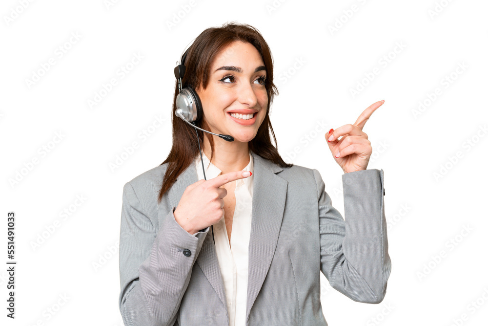 Telemarketer caucasian woman working with a headset over isolated chroma key background pointing with the index finger a great idea Telemarketer caucasian woman working with a headset over isolated chroma key background pointing with the index finger a great idea