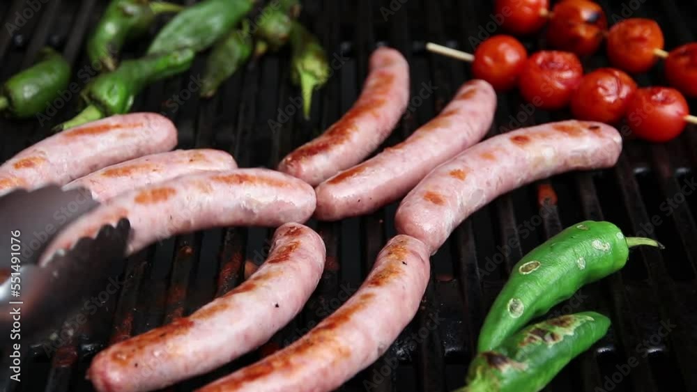 sausages are grilled turn over, vegetables close-up, handmade sausages are grilled turn over, vegetables close-up, handmade