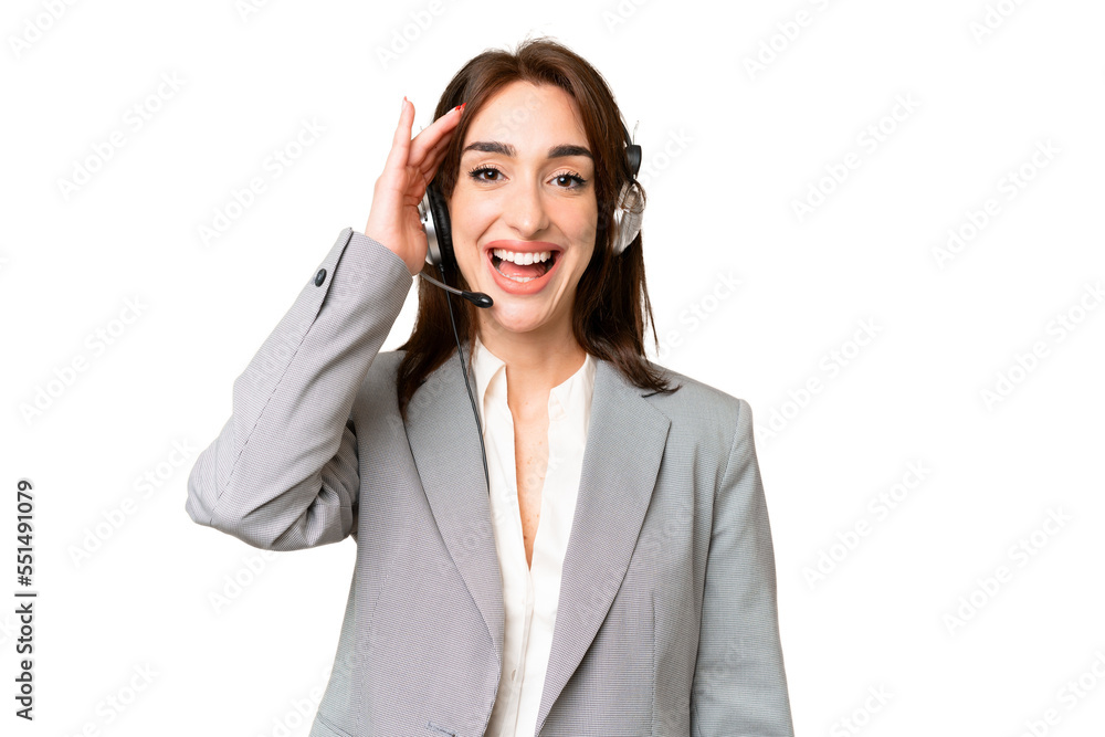 Telemarketer caucasian woman working with a headset over isolated chroma key background with surprise and shocked facial expression Telemarketer caucasian woman working with a headset over isolated chroma key background with surprise and shocked facial expression
