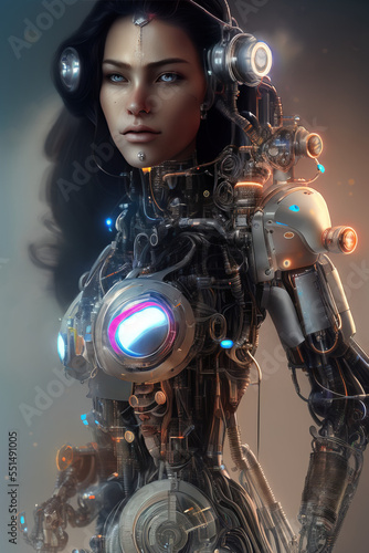 Woman cyborg full length portrait detailed face  symmetric  steampunk  cyberpunk