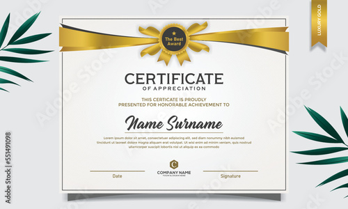 Certificate of appreciation template, gold and blue color. Clean modern certificate with gold badge. Certificate border template with luxury and modern line pattern. Diploma vector template