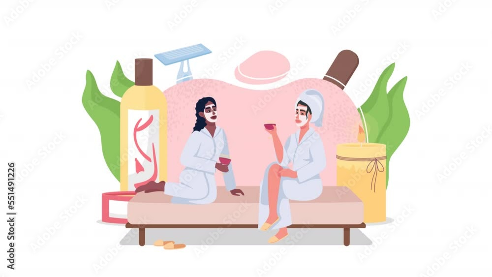 Animated friends at spa concept. Women at pampering. Looped 2D cartoon flat characters on white with alpha channel transparency for web design. HD video footage. Rest creative idea animation Animated friends at spa concept. Women at pampering. Looped 2D cartoon flat characters on white with alpha channel transparency for web design. HD video footage. Rest creative idea animation