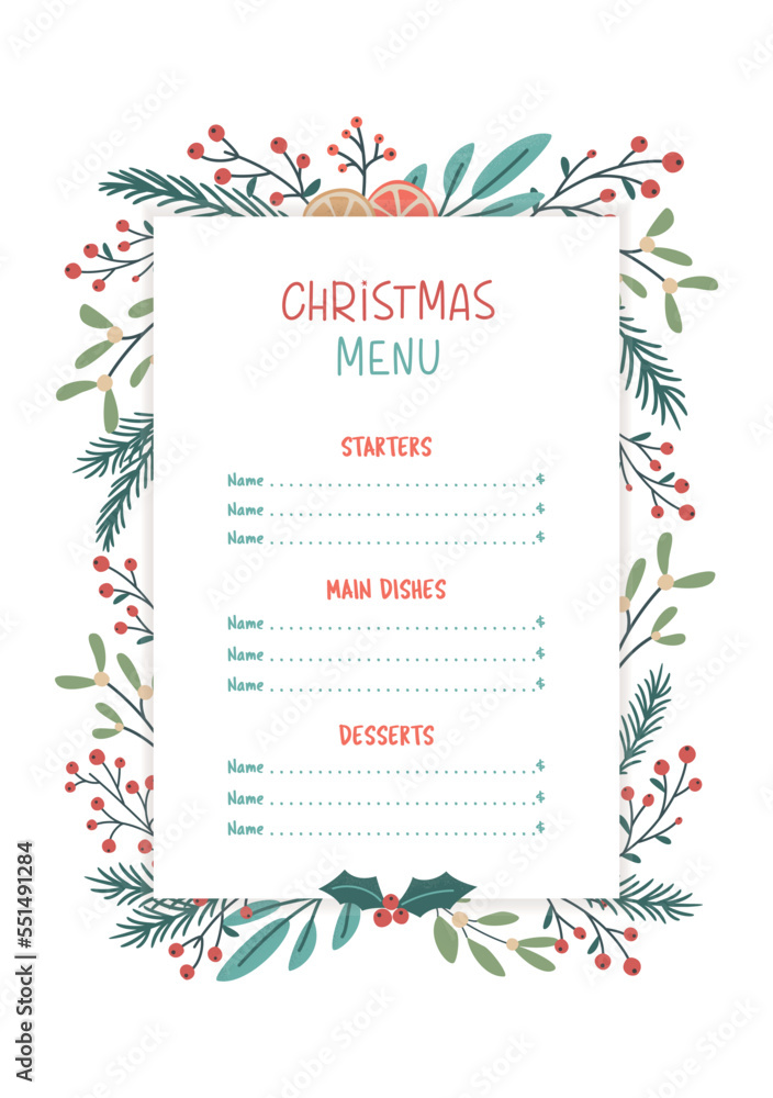 Christmas Seasonal Menu Template With Floral And Fir Branches Vector Christmas Seasonal Menu Template With Floral And Fir Branches Vector
