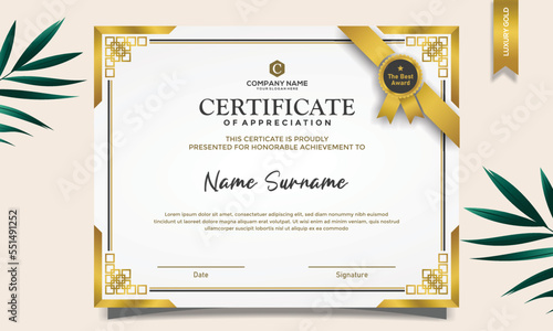 Certificate of appreciation template, gold and blue color. Clean modern certificate with gold badge. Certificate border template with luxury and modern line pattern. Diploma vector template