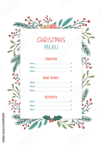 Christmas seasonal menu template with floral and fir branches. Vector illustration in retro minimalistic style. Xmas new year eve theme and happy winter holidays flat style concept