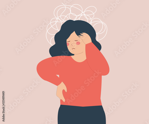 Sad woman with tangled thoughts suffers from stress, depression, anxiety. Anxious girl has confused thinking. Depressed female adolescent has memory problems. Concept of mental health disorder.