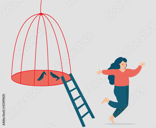 Woman escaping from a cage to find her freedom. Female runs away from a prison. Girl getting out of a tight space. Mental health issues, women's rights, rehabilitation, new opportunities concept.
