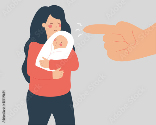 Harassed mother protects her baby from a man threatening them. Concept of family abuse, domestic violence, physical assault. Stop bullying and blaming children and women. Vector illustration