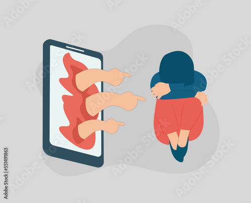 Sad teenage girl suffers from bullying, scorn and contempt on the internet. Peers engage in bullying behavior towards a child on social media. Cyberbullying and bad influence on children concept.