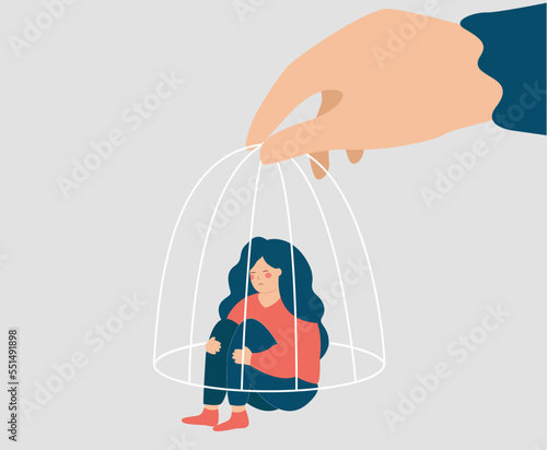 Doctor's hand helps a woman closed inside a cage and released her free. Girl has mental health disorders gets therapy from a psychologist. Psychotherapy, depression and drugs rehabilitation concept.