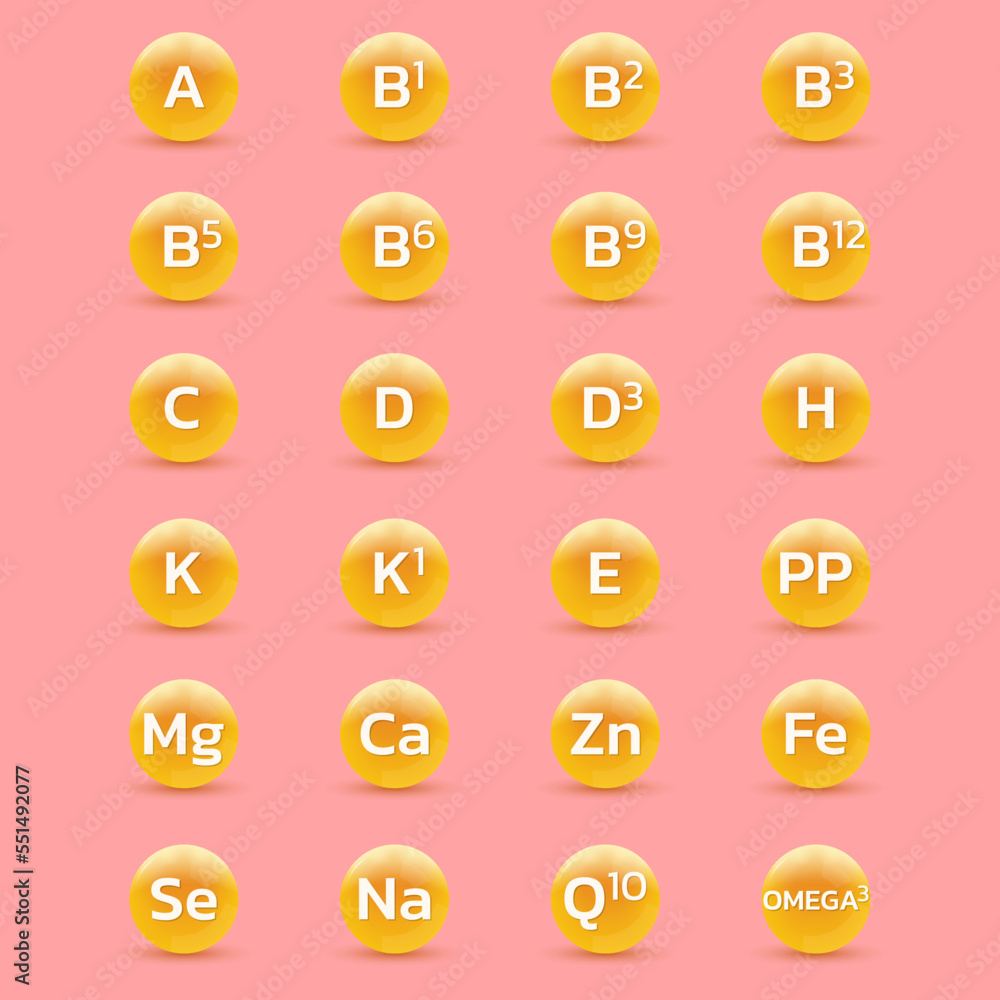 Vitamin, mineral 3d icon set. Nutrition, food supplement design. Multivitamin complex with C, B, E, D vitamins. Vector illustration. Vitamin, mineral 3d icon set. Nutrition, food supplement design. Multivitamin complex with C, B, E, D vitamins. Vector illustration.