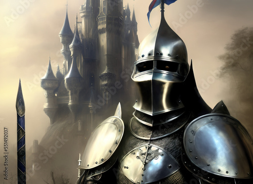 close portrait of a gothic knight without helmet, massive armor, intrincate design photo