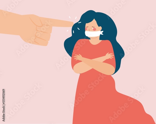 Silenced woman by force suffers from abuse. Female blamed by people pointing fingers at her. Teenage girl bullied by society. Stop bullying, violence against women and children concept. Vector stock.